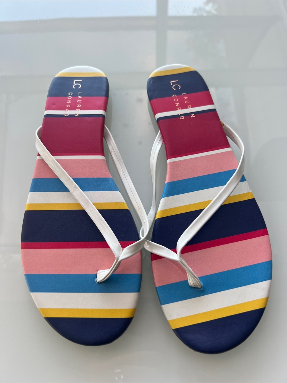 LC Lauren Conrad White-Strap Striped Multicolor Flip Flops